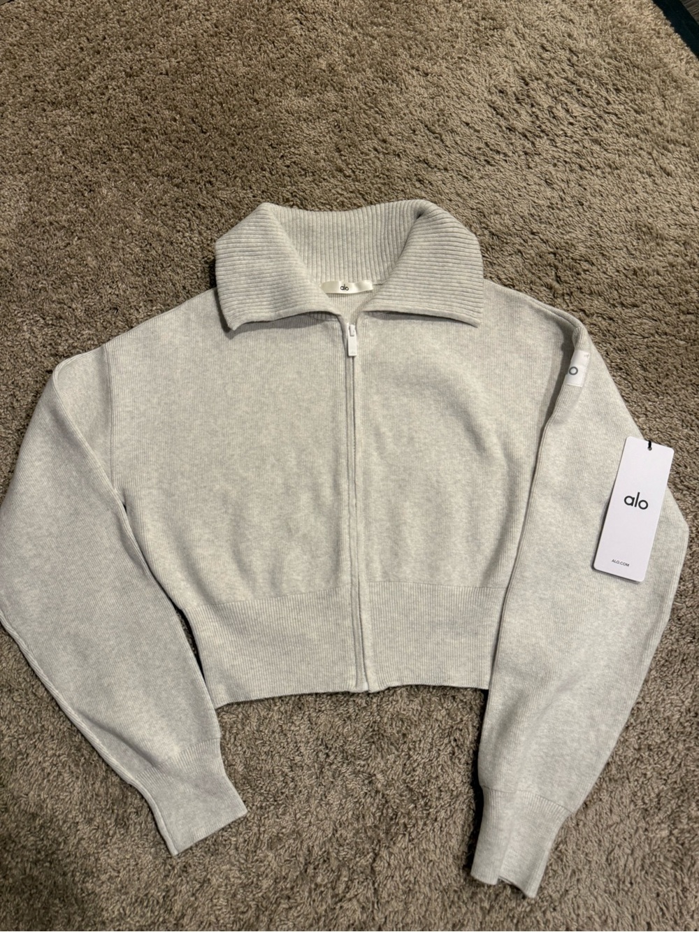 alo Scholar Knit Cropped Full Zip Jacket in White Heather- Size XS